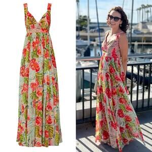 Badgley Miscka Floral Gown Sleeveless Maxi Gown Tropical Red Green Size 8